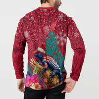 New Zealand Tuatara Christmas Button Sweatshirt Silver Fern and Xmas Pohutukawa Tree Red Color LT03 - Polynesian Pride