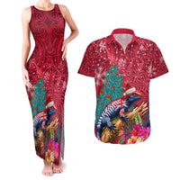 New Zealand Tuatara Christmas Couples Matching Tank Maxi Dress and Hawaiian Shirt Silver Fern and Xmas Pohutukawa Tree Red Color LT03 Red - Polynesian Pride