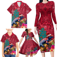 New Zealand Tuatara Christmas Family Matching Long Sleeve Bodycon Dress and Hawaiian Shirt Silver Fern and Xmas Pohutukawa Tree Red Color LT03 - Polynesian Pride