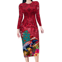 New Zealand Tuatara Christmas Family Matching Long Sleeve Bodycon Dress and Hawaiian Shirt Silver Fern and Xmas Pohutukawa Tree Red Color LT03 Mom's Dress Red - Polynesian Pride