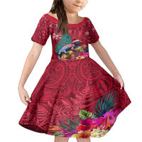 New Zealand Tuatara Christmas Family Matching Mermaid Dress and Hawaiian Shirt Silver Fern and Xmas Pohutukawa Tree Red Color LT03 Daughter's Dress Red - Polynesian Pride