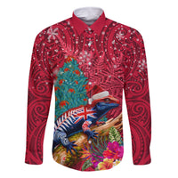 New Zealand Tuatara Christmas Family Matching Off Shoulder Short Dress and Hawaiian Shirt Silver Fern and Xmas Pohutukawa Tree Red Color LT03 Dad's Shirt - Long Sleeve Red - Polynesian Pride