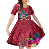 New Zealand Tuatara Christmas Family Matching Summer Maxi Dress and Hawaiian Shirt Silver Fern and Xmas Pohutukawa Tree Red Color LT03 Daughter's Dress Red - Polynesian Pride