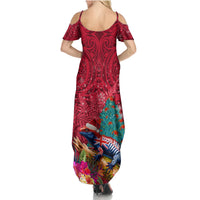 New Zealand Tuatara Christmas Family Matching Summer Maxi Dress and Hawaiian Shirt Silver Fern and Xmas Pohutukawa Tree Red Color LT03 - Polynesian Pride