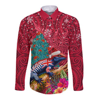 New Zealand Tuatara Christmas Long Sleeve Button Shirt Silver Fern and Xmas Pohutukawa Tree Red Color