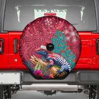 New Zealand Tuatara Christmas Spare Tire Cover Silver Fern and Xmas Pohutukawa Tree Red Color