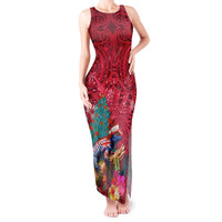New Zealand Tuatara Christmas Tank Maxi Dress Silver Fern and Xmas Pohutukawa Tree Red Color LT03 Women Red - Polynesian Pride