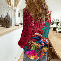 New Zealand Tuatara Christmas Women Casual Shirt Silver Fern and Xmas Pohutukawa Tree Red Color LT03 - Polynesian Pride