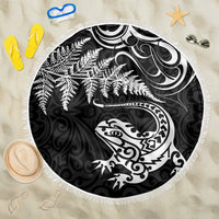 New Zealand Tuatara Tribal Tattoo Beach Blanket Silver Fern and Maori Pattern Black Color LT03 One Size 150cm Black - Polynesian Pride