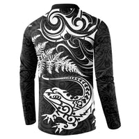New Zealand Tuatara Tribal Tattoo Button Sweatshirt Silver Fern and Maori Pattern Black Color LT03 - Polynesian Pride