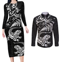 New Zealand Tuatara Tribal Tattoo Couples Matching Long Sleeve Bodycon Dress and Long Sleeve Button Shirt Silver Fern and Maori Pattern Black Color LT03 Black - Polynesian Pride