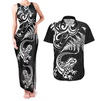 New Zealand Tuatara Tribal Tattoo Couples Matching Tank Maxi Dress and Hawaiian Shirt Silver Fern and Maori Pattern Black Color LT03 Black - Polynesian Pride