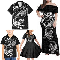 New Zealand Tuatara Tribal Tattoo Family Matching Off Shoulder Maxi Dress and Hawaiian Shirt Silver Fern and Maori Pattern Black Color LT03 - Polynesian Pride