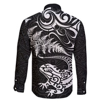 New Zealand Tuatara Tribal Tattoo Family Matching Off Shoulder Maxi Dress and Hawaiian Shirt Silver Fern and Maori Pattern Black Color LT03 - Polynesian Pride