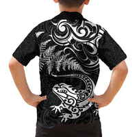 New Zealand Tuatara Tribal Tattoo Family Matching Off Shoulder Short Dress and Hawaiian Shirt Silver Fern and Maori Pattern Black Color LT03 - Polynesian Pride
