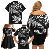 New Zealand Tuatara Tribal Tattoo Family Matching Off Shoulder Short Dress and Hawaiian Shirt Silver Fern and Maori Pattern Black Color LT03 - Polynesian Pride