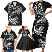 New Zealand Tuatara Tribal Tattoo Family Matching Short Sleeve Bodycon Dress and Hawaiian Shirt Silver Fern and Maori Pattern Black Color LT03 - Polynesian Pride
