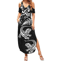 New Zealand Tuatara Tribal Tattoo Family Matching Summer Maxi Dress and Hawaiian Shirt Silver Fern and Maori Pattern Black Color LT03 Mom's Dress Black - Polynesian Pride