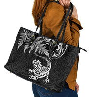 New Zealand Tuatara Tribal Tattoo Leather Tote Bag Silver Fern and Maori Pattern Black Color LT03 - Polynesian Pride