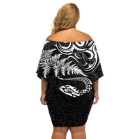 New Zealand Tuatara Tribal Tattoo Off Shoulder Short Dress Silver Fern and Maori Pattern Black Color