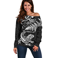 New Zealand Tuatara Tribal Tattoo Off Shoulder Sweater Silver Fern and Maori Pattern Black Color