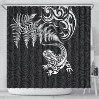 New Zealand Tuatara Tribal Tattoo Shower Curtain Silver Fern and Maori Pattern Black Color