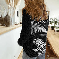 New Zealand Tuatara Tribal Tattoo Women Casual Shirt Silver Fern and Maori Pattern Black Color LT03 - Polynesian Pride