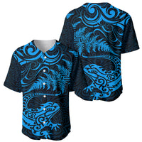 New Zealand Tuatara Tribal Tattoo Baseball Jersey Silver Fern and Maori Pattern Blue Color LT03 - Polynesian Pride