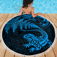 New Zealand Tuatara Tribal Tattoo Beach Blanket Silver Fern and Maori Pattern Blue Color LT03 - Polynesian Pride