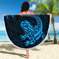 New Zealand Tuatara Tribal Tattoo Beach Blanket Silver Fern and Maori Pattern Blue Color LT03 - Polynesian Pride