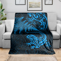New Zealand Tuatara Tribal Tattoo Blanket Silver Fern and Maori Pattern Blue Color LT03 - Polynesian Pride