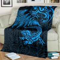 New Zealand Tuatara Tribal Tattoo Blanket Silver Fern and Maori Pattern Blue Color LT03 - Polynesian Pride