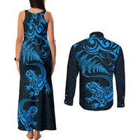 New Zealand Tuatara Tribal Tattoo Couples Matching Tank Maxi Dress and Long Sleeve Button Shirt Silver Fern and Maori Pattern Blue Color LT03 - Polynesian Pride