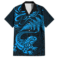 New Zealand Tuatara Tribal Tattoo Family Matching Off Shoulder Short Dress and Hawaiian Shirt Silver Fern and Maori Pattern Blue Color LT03 Dad's Shirt - Short Sleeve Blue - Polynesian Pride