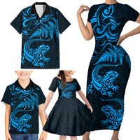 New Zealand Tuatara Tribal Tattoo Family Matching Short Sleeve Bodycon Dress and Hawaiian Shirt Silver Fern and Maori Pattern Blue Color LT03 - Polynesian Pride