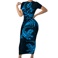 New Zealand Tuatara Tribal Tattoo Family Matching Short Sleeve Bodycon Dress and Hawaiian Shirt Silver Fern and Maori Pattern Blue Color LT03 Mom's Dress Blue - Polynesian Pride