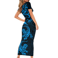 New Zealand Tuatara Tribal Tattoo Family Matching Short Sleeve Bodycon Dress and Hawaiian Shirt Silver Fern and Maori Pattern Blue Color LT03 - Polynesian Pride