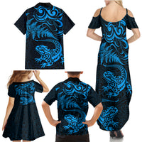 New Zealand Tuatara Tribal Tattoo Family Matching Summer Maxi Dress and Hawaiian Shirt Silver Fern and Maori Pattern Blue Color LT03 - Polynesian Pride