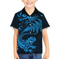 New Zealand Tuatara Tribal Tattoo Family Matching Summer Maxi Dress and Hawaiian Shirt Silver Fern and Maori Pattern Blue Color LT03 Son's Shirt Blue - Polynesian Pride