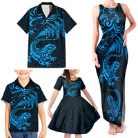 New Zealand Tuatara Tribal Tattoo Family Matching Tank Maxi Dress and Hawaiian Shirt Silver Fern and Maori Pattern Blue Color LT03 - Polynesian Pride