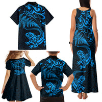 New Zealand Tuatara Tribal Tattoo Family Matching Tank Maxi Dress and Hawaiian Shirt Silver Fern and Maori Pattern Blue Color LT03 - Polynesian Pride