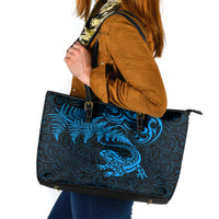 New Zealand Tuatara Tribal Tattoo Leather Tote Bag Silver Fern and Maori Pattern Blue Color LT03 Blue - Polynesian Pride