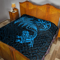 New Zealand Tuatara Tribal Tattoo Quilt Silver Fern and Maori Pattern Blue Color LT03 - Polynesian Pride