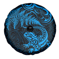 New Zealand Tuatara Tribal Tattoo Spare Tire Cover Silver Fern and Maori Pattern Blue Color