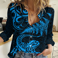 New Zealand Tuatara Tribal Tattoo Women Casual Shirt Silver Fern and Maori Pattern Blue Color LT03 Female Blue - Polynesian Pride