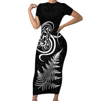 New Zealand Octopus Tattoo and Fern Family Matching Short Sleeve Bodycon Dress and Hawaiian Shirt Maori Pattern LT03 Mom's Dress Black - Polynesian Pride