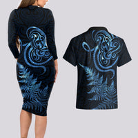 New Zealand Octopus Tattoo and Fern Couples Matching Long Sleeve Bodycon Dress and Hawaiian Shirt Maori Pattern Matariki Style LT03 - Polynesian Pride