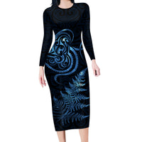 New Zealand Octopus Tattoo and Fern Long Sleeve Bodycon Dress Maori Pattern Matariki Style LT03 Long Dress Blue - Polynesian Pride