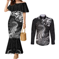 New Zealand Crocodile Tattoo and Fern Couples Matching Mermaid Dress and Long Sleeve Button Shirt Maori Pattern