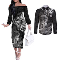 New Zealand Crocodile Tattoo and Fern Couples Matching Off The Shoulder Long Sleeve Dress and Long Sleeve Button Shirt Maori Pattern